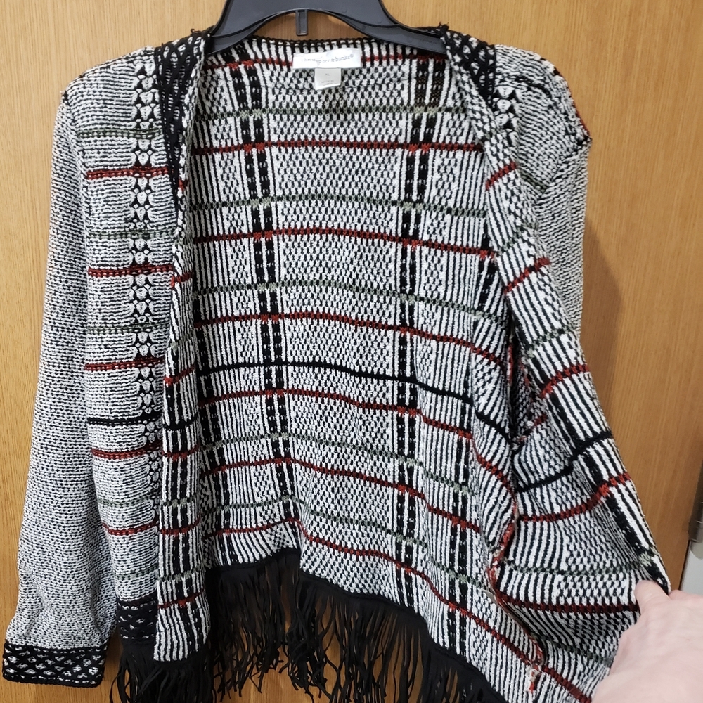 christopher & banks, open front fringe black & white cardigan sweater, XL - Picture 9 of 16